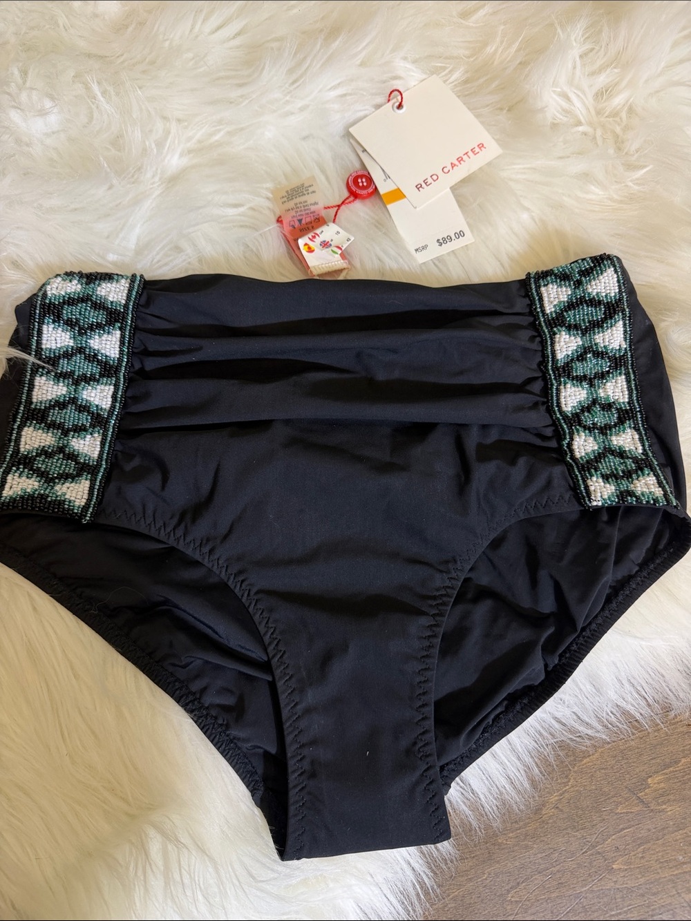 Red Carter Black High-Waist Swim Bottom with Teal and White Embroidered Panels